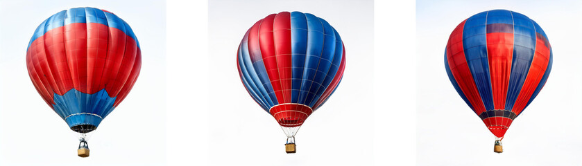 Obraz premium Three hot air balloons in various colors are seen against a white backdrop.