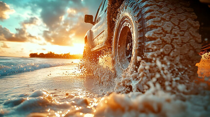 Off-Road Vehicle Splashing in the Ocean at Sunset - Realistic Photo