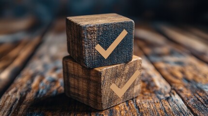 check mark icons for jobs list on the face of wooden stacked blocks task lists checklist survey assessment list confirm items double check quality control goals achievement business success