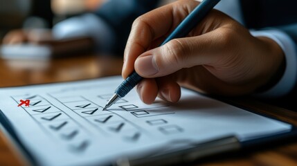 checklist concept businessman mark checkboxes survey form check marks on checklist filling online form and answering questions list options business employee security procedures followed offic