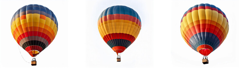 Fototapeta premium Three colorful hot air balloons against a white background.
