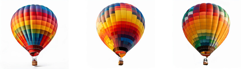 Fototapeta premium Three colorful hot air balloons are floating against a white background.