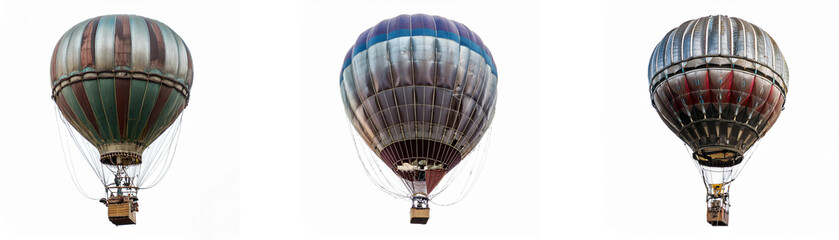 Naklejka premium Three hot air balloons with different colors and patterns are shown against a white background.