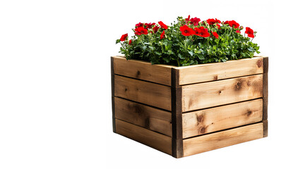 Wooden planter box, Red flowers, Green foliage, Square container, Garden decoration, Rustic design, Natural wood grain, Outdoor plant display, Vibrant blooms, Compact gardening, DIY planter