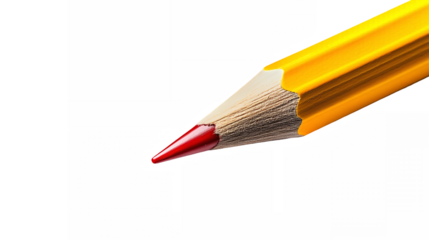 Yellow pencil, red lead, wooden texture, sharp point, white background, macro photography, high contrast, minimalist composition, office supplies, writing instrument, artistic tool, education concept