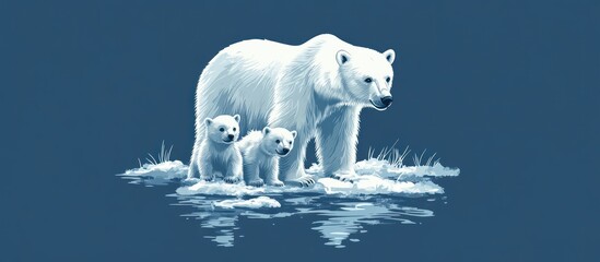 Vector of a polar bear with cubs on ice, cool blue colors, cute and friendly 