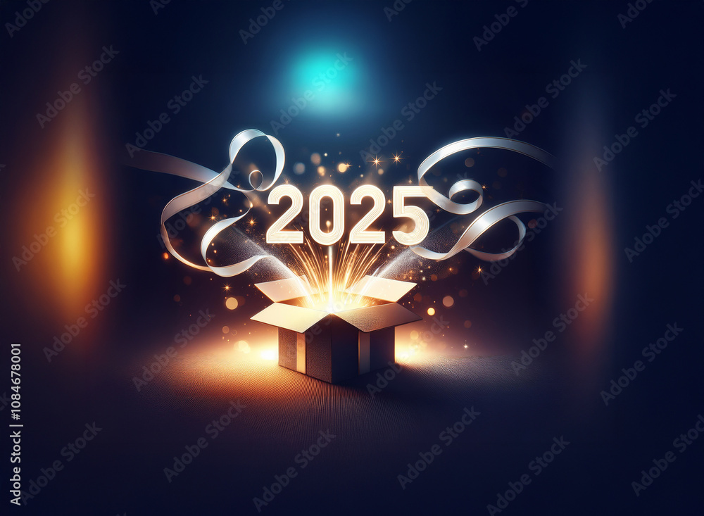 Poster an open gift box with sparkling lights and white ribbons emerging from it. the number 2025 is in the