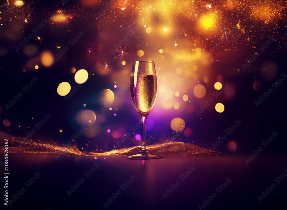 Poster a single glass of champagne rests on a textured surface with a colorful bokeh background.