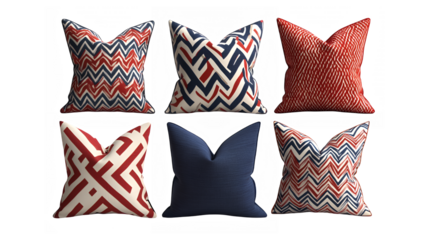 decorative throw pillows, geometric patterns, zigzag designs, chevron prints, red white and blue color scheme, navy blue solid pillow, textured fabric, modern home decor, square cushions