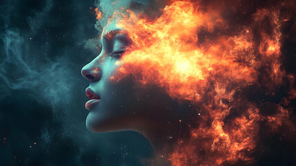 Abstract Illustration of a Woman with Fire and Smoke