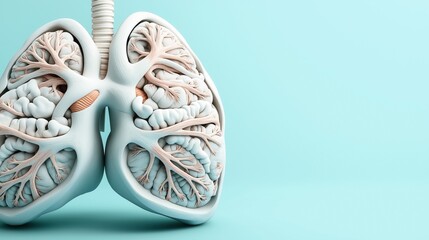 Detailed anatomical illustration of human lungs showing the bronchial tree and air sacs on a light blue background highlighting respiratory system structure.