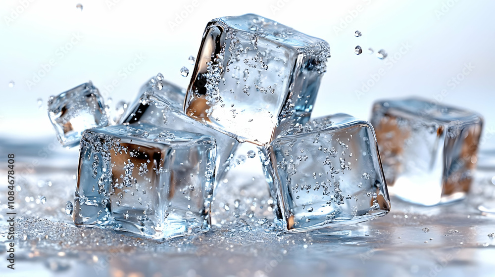 Poster ice cubes splashing in water - realistic image