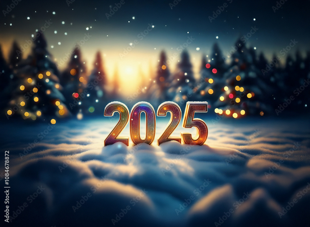 Poster a snowy landscape with a sunset and a forest in the background. large 3d numbers 