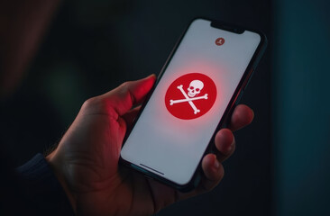 Cyber hack warning alert on cellphone screen. Businessman holding hacked smartphone, network hack.