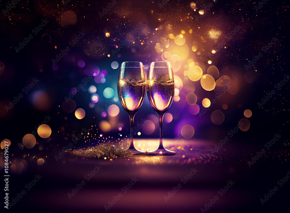 Poster two champagne flutes with sparkling liquid stand on a dark surface with colorful bokeh lights in the