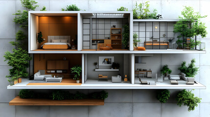 3D Illustration of a Modern Home with Green Plants and Balconies