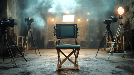 Film Set with Camera on Tripod and Chair - Realistic Image