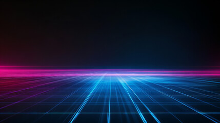Futuristic digital landscape with vibrant neon lights creating a grid on a dark background at night