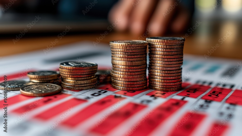 Poster cost reduction concept cost wording on decreasing coins stacking with the down arrow businessman wor