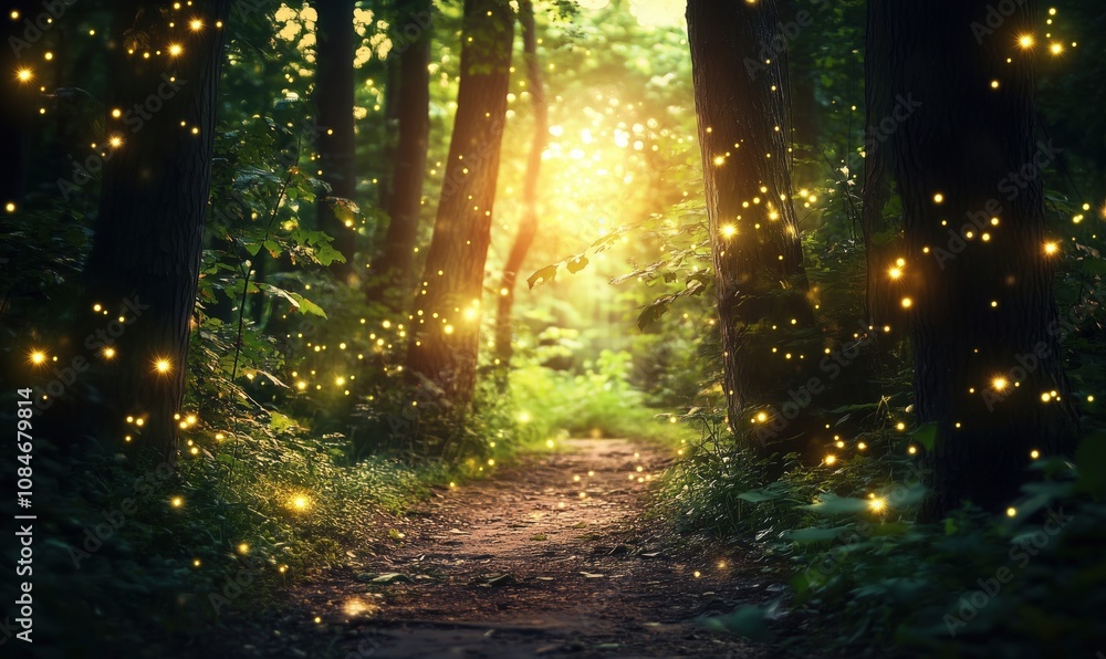 Poster magical forest path illuminated by glowing particles, surrounded by lush greenery and tall trees, su