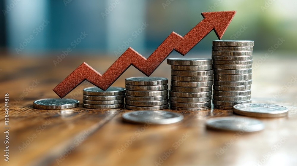 Poster cost reduction concept cost wording on decreasing coins stacking with the down arrow businessman wor