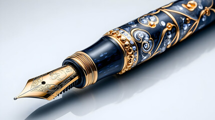 Ornate Gold and Blue Fountain Pen Illustration
