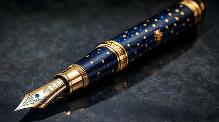 Blue and Gold Fountain Pen Illustration