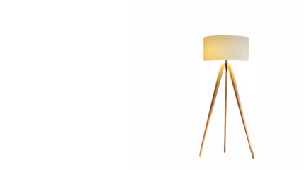 Minimalist tripod floor lamp, wooden legs, white fabric lampshade, modern design, clean lines, Scandinavian style, isolated on white background, studio lighting, high contrast, interior decor