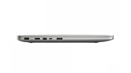 Sleek silver laptop, side profile, ultra-thin design, multiple ports, minimalist aesthetic, metallic finish, modern technology, professional device, slim portable computer, high-resolution render