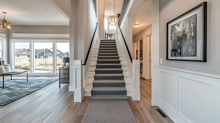 Hallway featuring a staircase with a gray carpet runner in a luxury modern home.