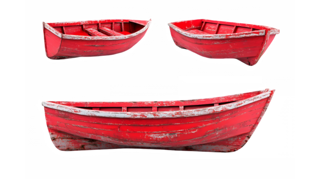 Red wooden rowboats, traditional fishing vessels, bright scarlet color, simple design, multiple angles, isolated on white background, detailed texture, nautical theme, minimalist composition, studio