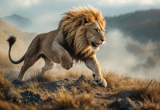 Majestic Lion in Motion: The King of Beasts Dominates the Wild Savanna