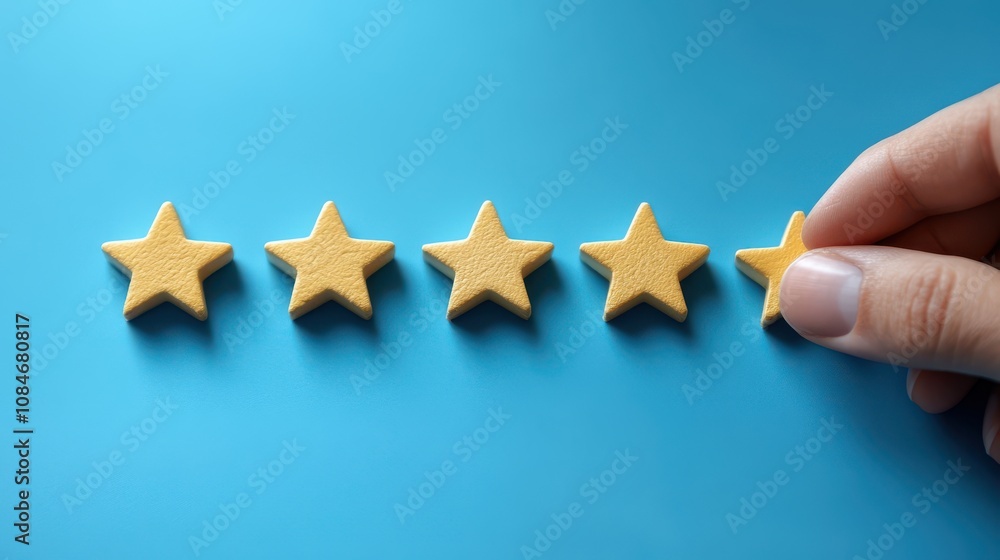 Poster customer or client use application for give satisfaction score to complete five stars with copy spac