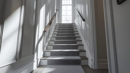 Obraz premium Hallway featuring a staircase with a gray carpet runner in a luxury modern home.