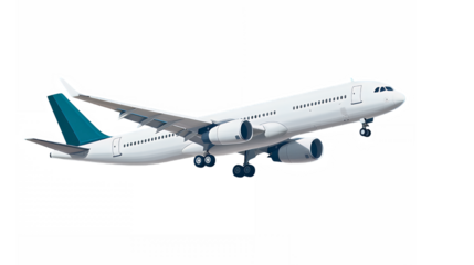 Commercial aircraft, white and teal livery, side view, takeoff pose, detailed fuselage, turbofan engines, extended landing gear, wing design, aviation photography, clear sky background