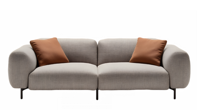 Modern minimalist sofa, sleek design, light gray upholstery, curved armrests, rounded edges, brown accent pillows, black metal legs, contemporary living room furniture, soft textures, clean lines