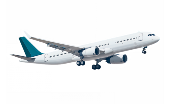 Commercial aircraft, white and teal livery, side view, takeoff pose, detailed fuselage, turbofan engines, extended landing gear, wing design, aviation photography, clear sky background