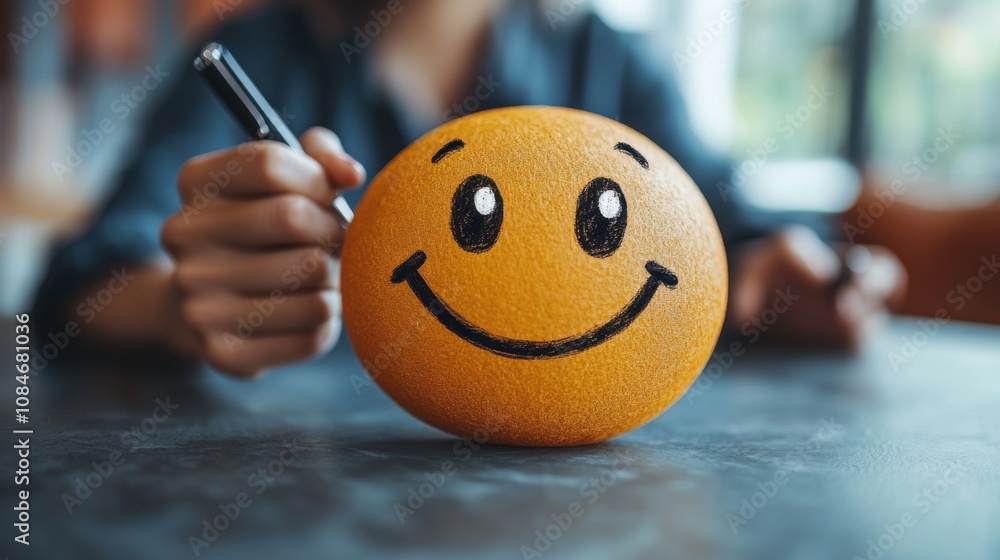 Aufkleber customer review satisfaction feedback survey concept man using a pen to draw happy smiling face on a
