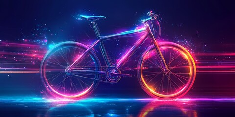 Fototapeta premium A Vibrant Neon Bicycle Illuminated With Colorful Lights Against a Dark Background, Capturing Dynamic Energy and Modern Design During an Evening Setting