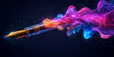 A Vibrant Fountain Pen Releasing Colorful Smoke in a Creative Burst of Inspiration and Imagination at Night