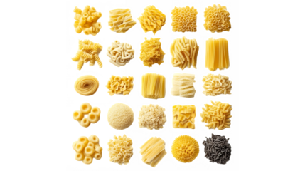 Pasta varieties, Italian cuisine, overhead view, geometric grid layout, diverse pasta shapes, yellow food, culinary ingredients, dry uncooked pasta, macaroni, penne, fusilli, farfalle, spaghetti