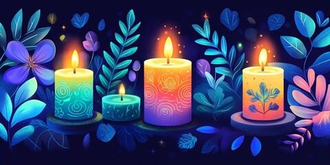 Colorful Candles Glowing Among Vibrant Flowers and Leaves in a Serene, Enchanting Setting During the Night