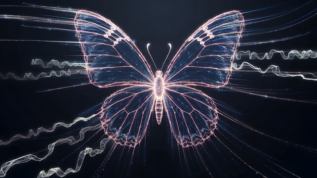 Digital butterfly in a dark void creating neon energy ripples