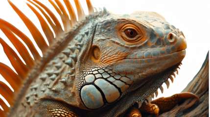 Detailed iguana portrait, vibrant orange eye, spiky orange crest, textured scales, scaly skin, reptile close-up, hyper-realistic, macro photography, wildlife, exotic animal, vivid colors, sharp focus,