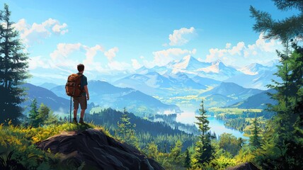 Fototapeta premium A Solo Backpacker Gazing at Majestic Mountains and a Serene Lake