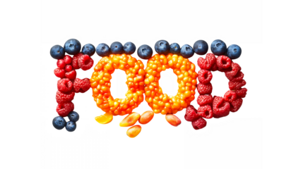 colorful fruit arrangement, word spelling "FOOD", blueberries, raspberries, oranges, white background, vibrant colors, healthy eating concept, typography made of fruit, food photography