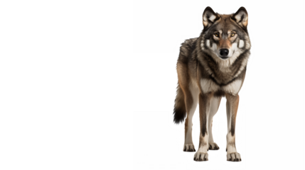 Wolf, standing, full body, alert pose, wild animal, forest predator, grey and brown fur, piercing eyes, white background, studio lighting, detailed texture, photorealistic, nature photography