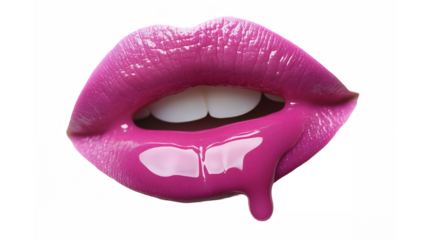 Glossy pink lips, high-contrast lighting, white teeth, biting gesture, saliva drip, sensual, macro photography, beauty advertisement style, vibrant magenta color, hyper-realistic, sharp detail