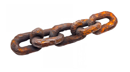 Obraz premium Rusty metal chain, close-up photography, oxidized iron links, industrial aesthetic, weathered texture, orange and brown tones, strong contrast, white background, detailed macro shot