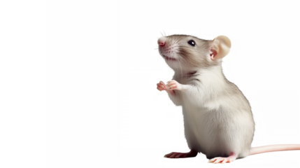 Cute white mouse, curious pose, pink ears, tiny paws, whiskers, bright eyes, studio lighting, white background, high detail, photorealistic, macro photography, adorable rodent, scientific illustration